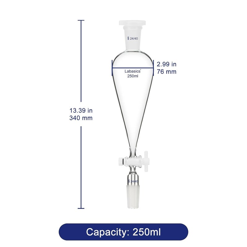 Labasics 250 ml Conical Pear-Shaped Separatory Funnel with PTFE Stopcock, Heavy Wall Borosilicate Glass with 24/40 Joints - Image 4